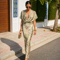 Skinny Print Twisted Mid Waist Mini Skirt Sexy V-neck Dress Beautilu