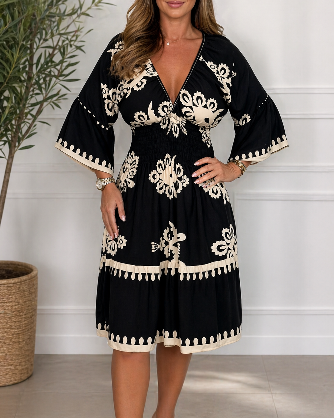 European And American Fashion V-neck Printing Dress Beautilu